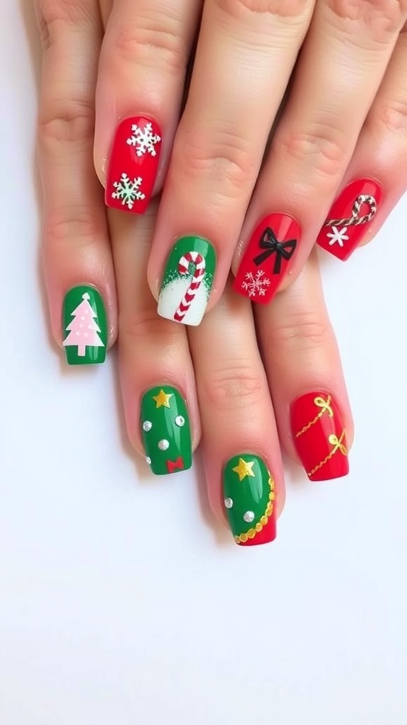 Festive Christmas nail designs for kids with red and green polish, snowflakes, and Christmas trees.